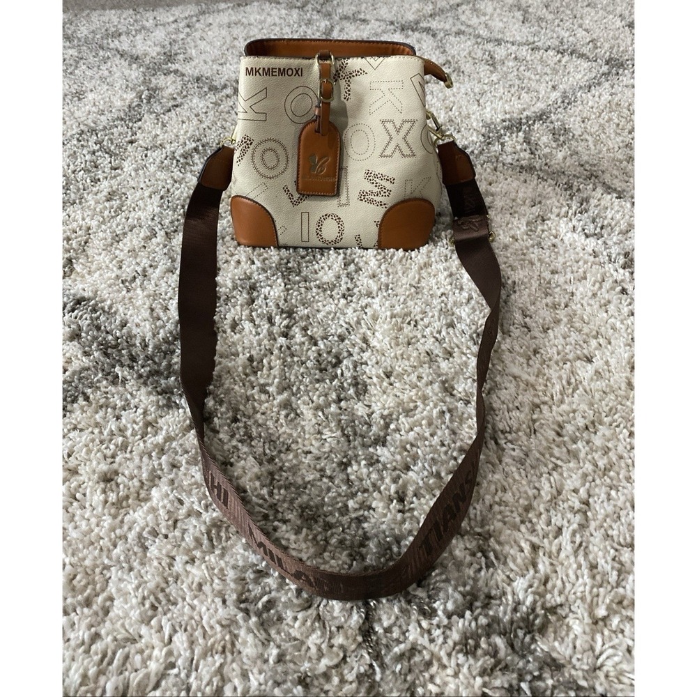 Milan Tianshi Crossbody Bucket Bag Cream Tan XOXO Monogram Print